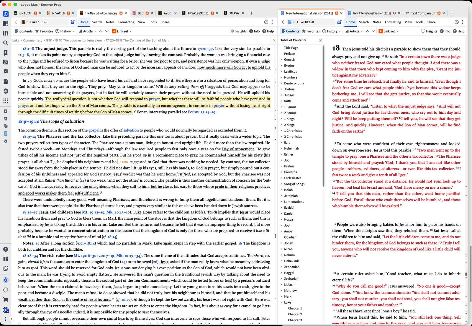 The Logos sermon prep layout: a commentary open on the left, the NIV and a text comparison on the right, all linked to the same passage.