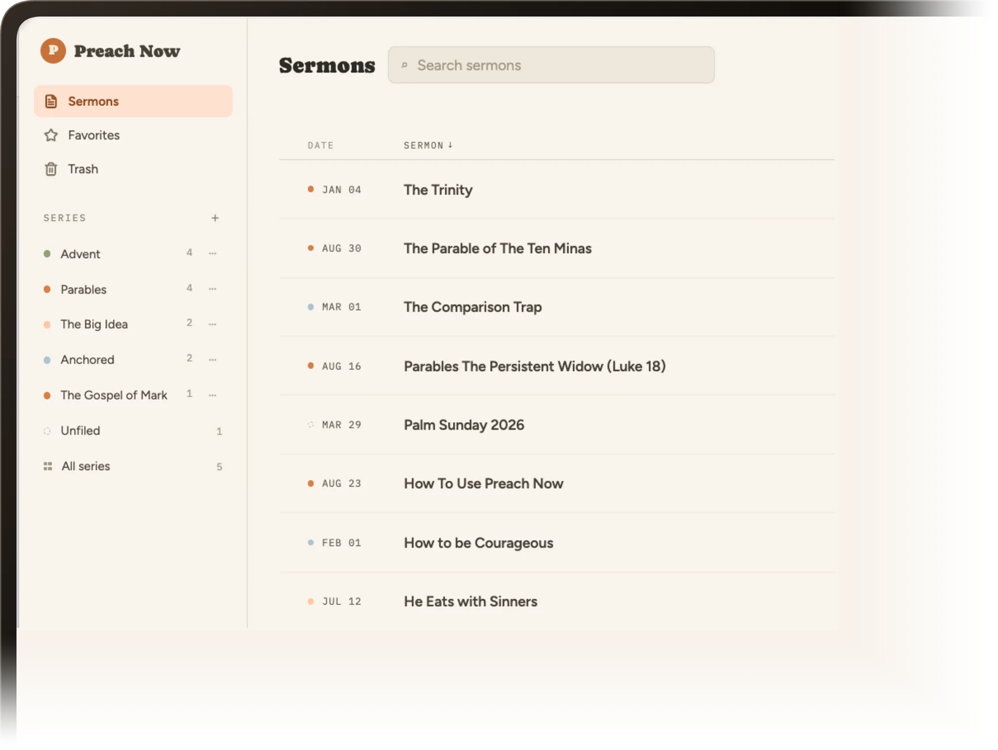 The Preach Now sermon library, organised into series in a sidebar