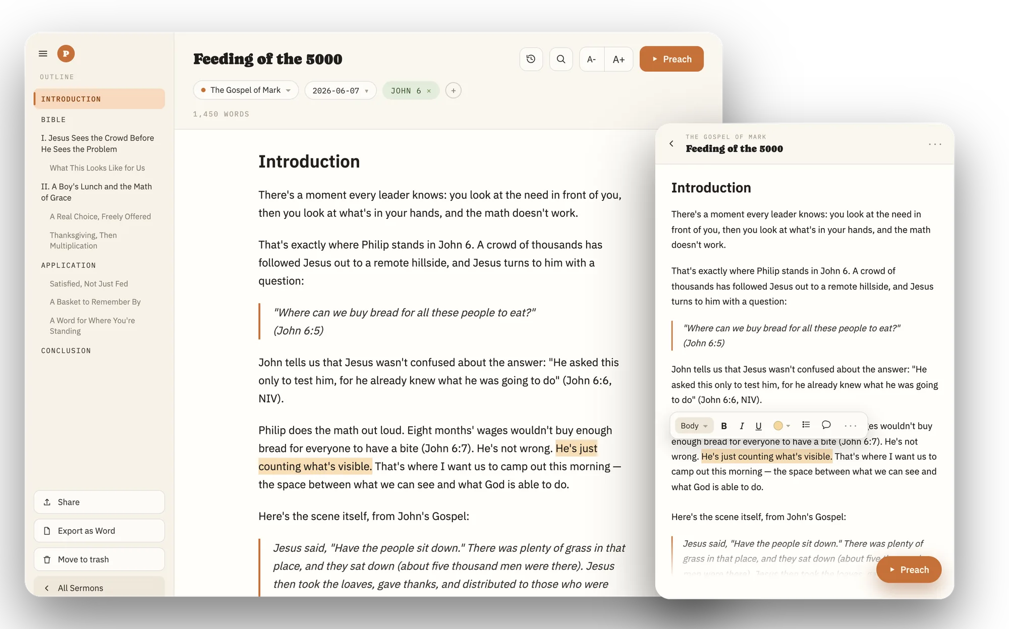 A sermon manuscript being written in the Preach Now editor, with inline preacher notes