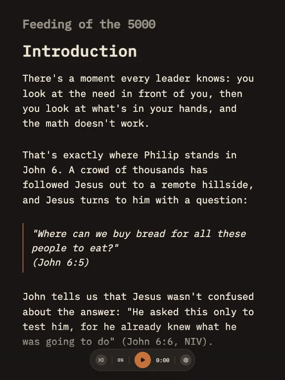 Preach mode on a tablet, showing a sermon in large type with a timer